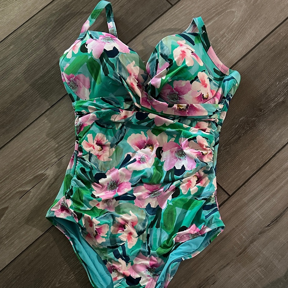 Floral One-Piece Swimsuit in Teal and Pink